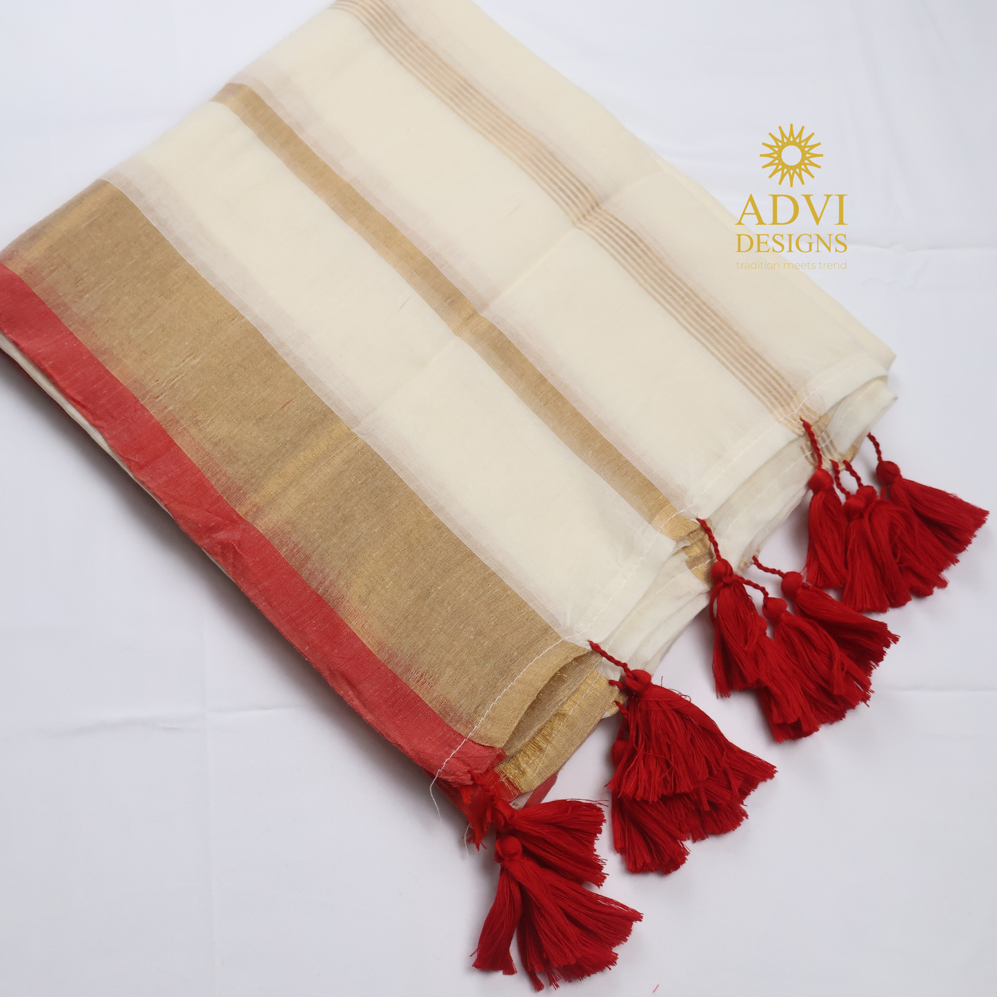Premium Off White Mul Cotton Saree with Gold Zari Border, Coral Red Edge & Red Tassels