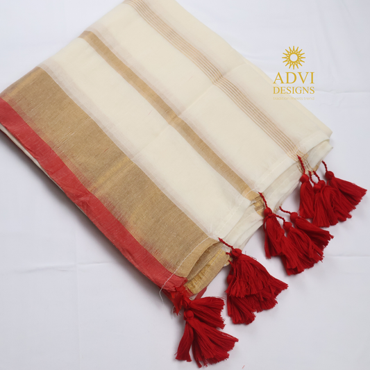 Premium Off White Mul Cotton Saree with Gold Zari Border, Coral Red Edge & Red Tassels