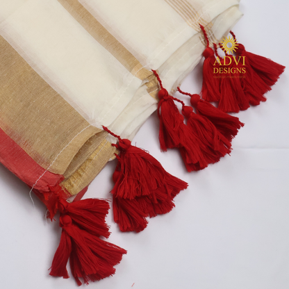 Premium Off White Mul Cotton Saree with Gold Zari Border, Coral Red Edge & Red Tassels