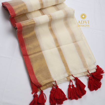 Premium Off White Mul Cotton Saree with Gold Zari Border, Coral Red Edge & Red Tassels