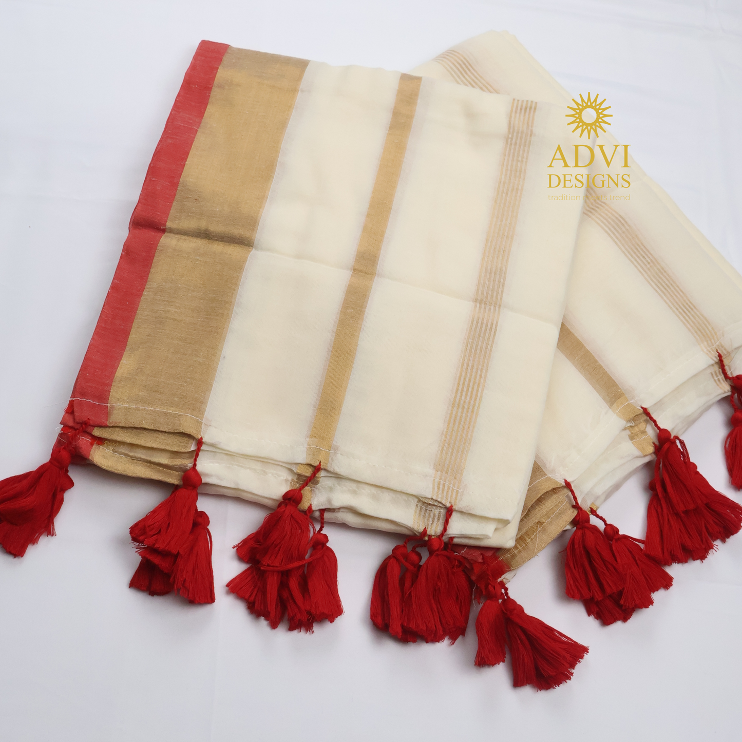 Premium Off White Mul Cotton Saree with Gold Zari Border, Coral Red Edge & Red Tassels