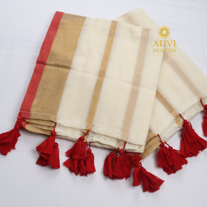 Premium Off White Mul Cotton Saree with Gold Zari Border, Coral Red Edge & Red Tassels