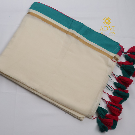 Premium Off White Mul Cotton Saree with Teal Blue & Pink Contrast Border and Gold Zari Accents
