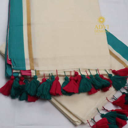 Premium Off White Mul Cotton Saree with Teal Blue & Pink Contrast Border and Gold Zari Accents