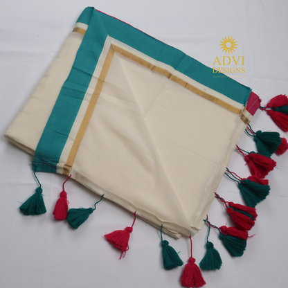 Premium Off White Mul Cotton Saree with Teal Blue & Pink Contrast Border and Gold Zari Accents