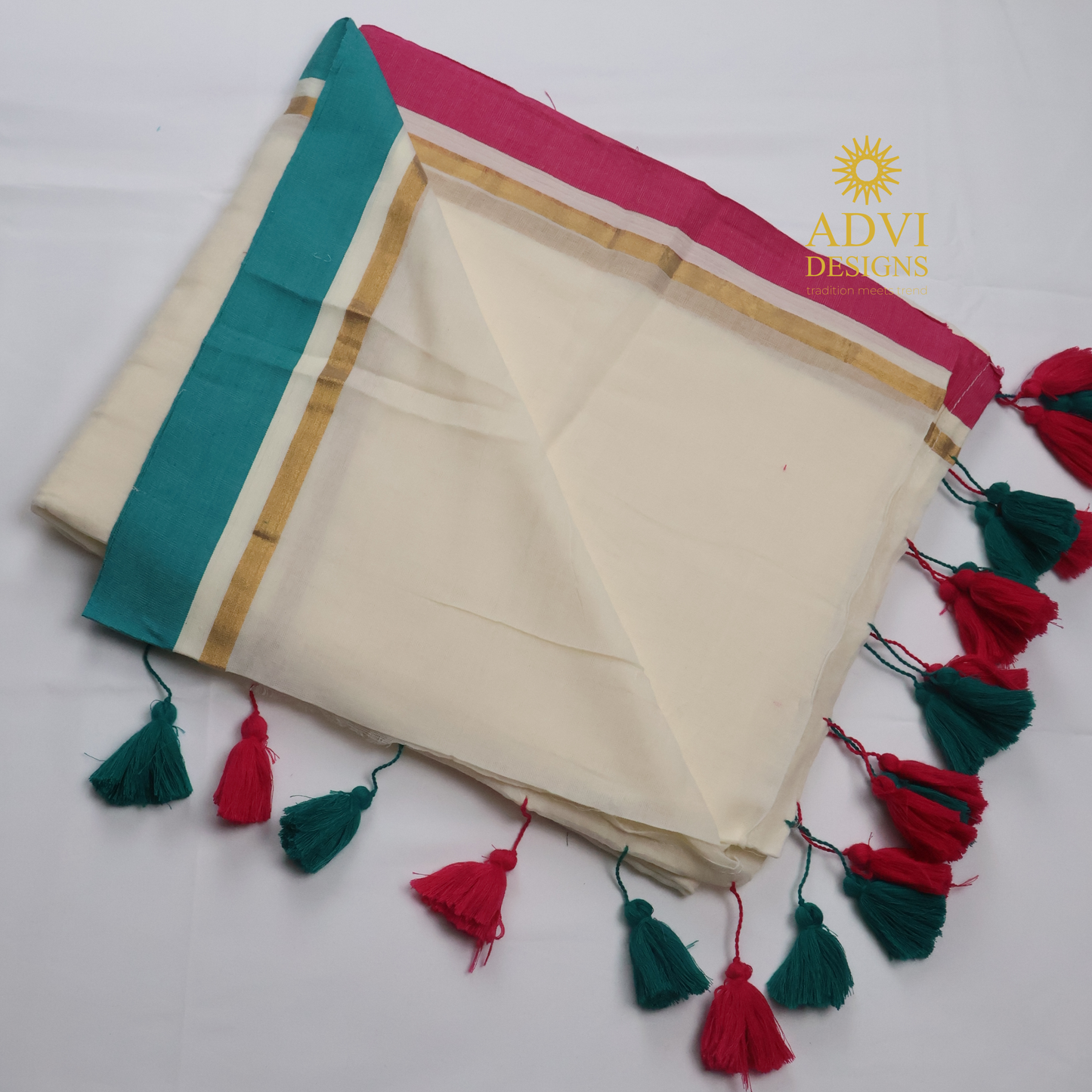 Premium Off White Mul Cotton Saree with Teal Blue & Pink Contrast Border and Gold Zari Accents
