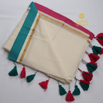 Premium Off White Mul Cotton Saree with Teal Blue & Pink Contrast Border and Gold Zari Accents
