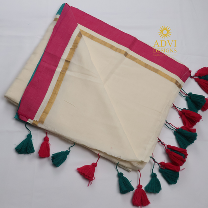 Premium Off White Mul Cotton Saree with Teal Blue & Pink Contrast Border and Gold Zari Accents
