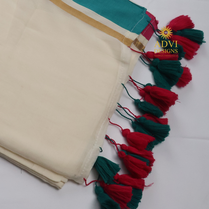 Premium Off White Mul Cotton Saree with Teal Blue & Pink Contrast Border and Gold Zari Accents