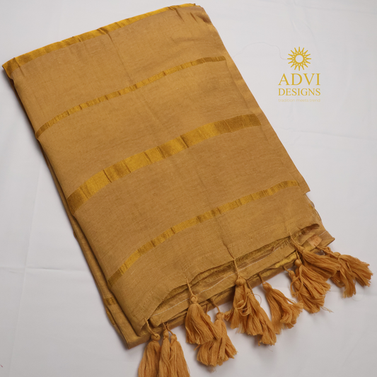 Premium Golden Beige Mul Tissue Saree with Gold Zari Border and Rich Tissue Pallu