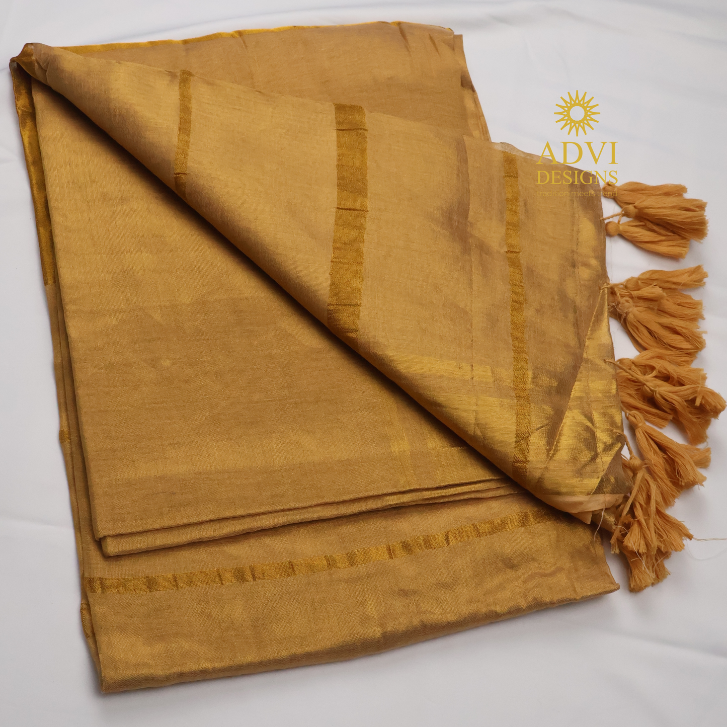 Premium Golden Beige Mul Tissue Saree with Gold Zari Border and Rich Tissue Pallu