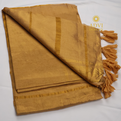 Premium Golden Beige Mul Tissue Saree with Gold Zari Border and Rich Tissue Pallu