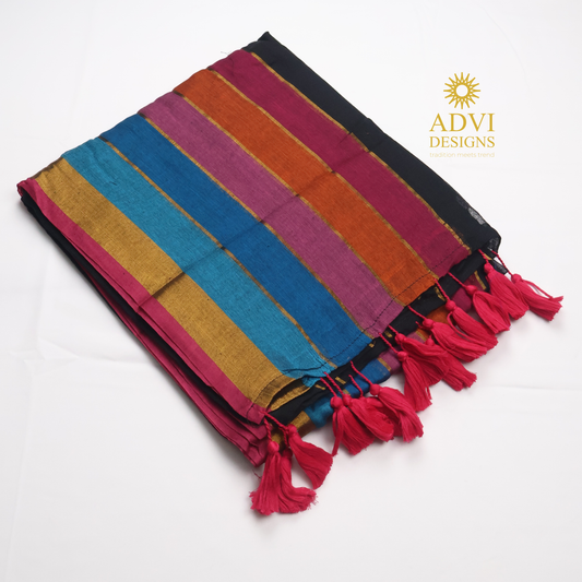 Premium Black Rainbow Mul Cotton Saree with Multicolor Striped Pallu and Gold Zari Border