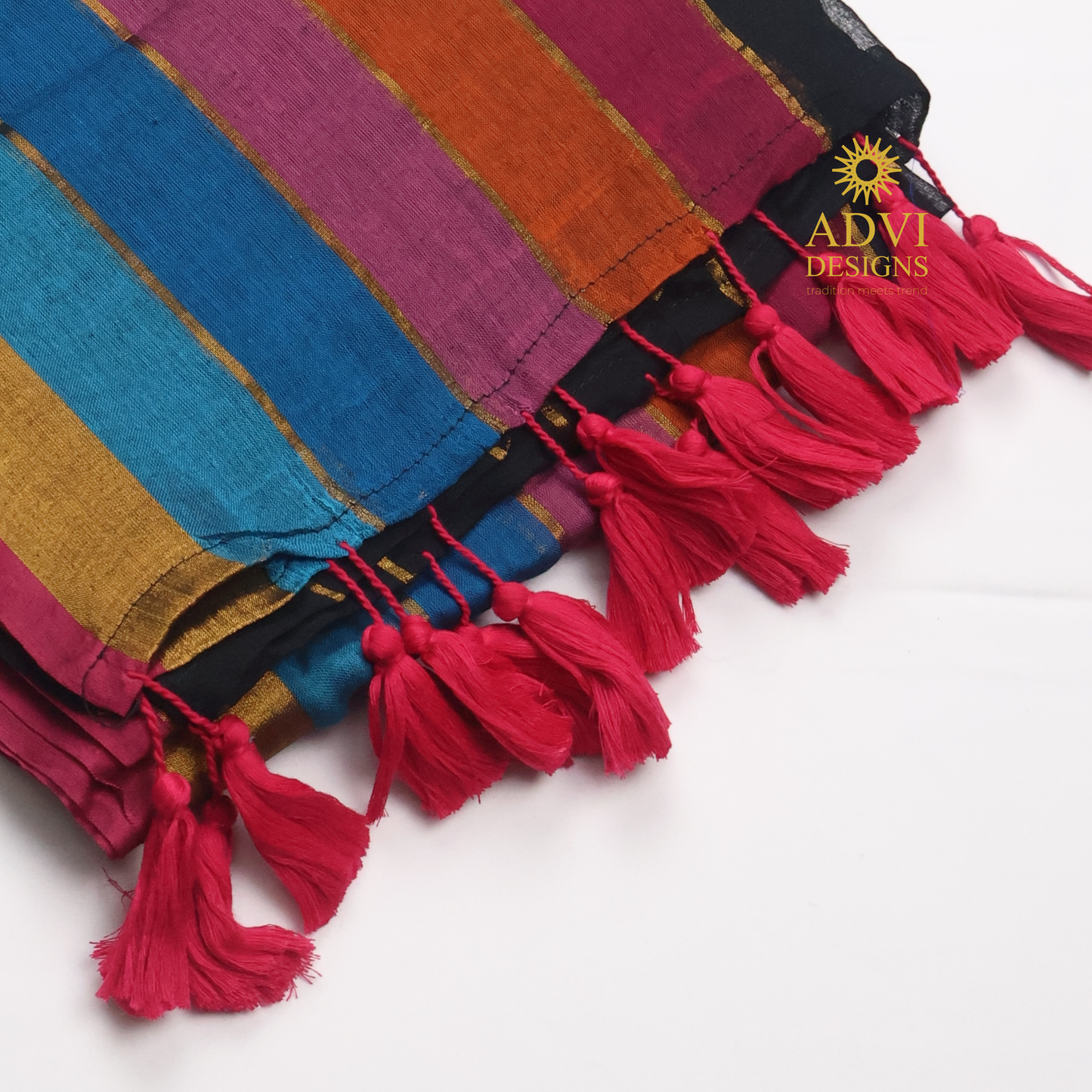 Premium Black Rainbow Mul Cotton Saree with Multicolor Striped Pallu and Gold Zari Border