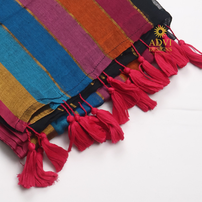 Premium Black Rainbow Mul Cotton Saree with Multicolor Striped Pallu and Gold Zari Border
