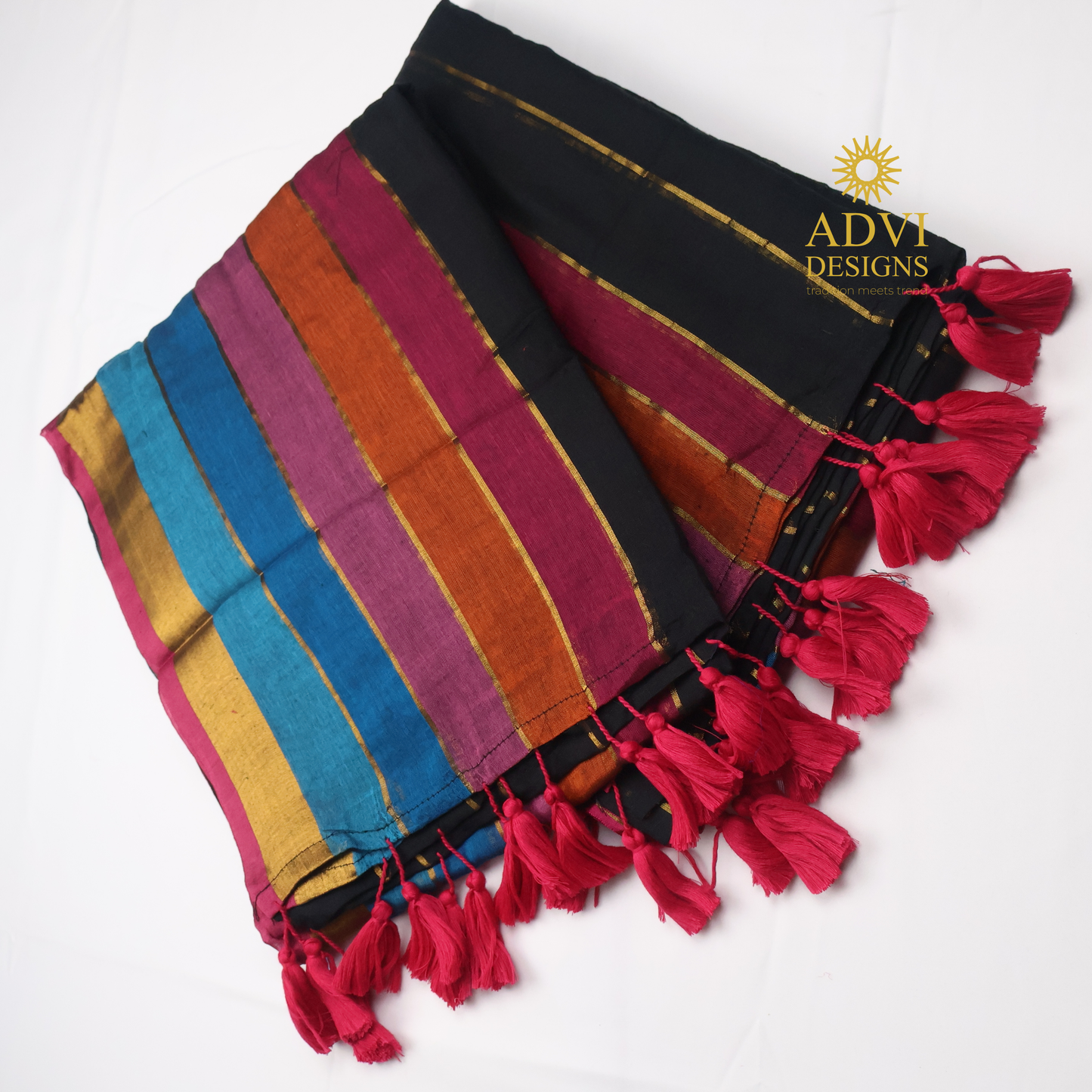 Premium Black Rainbow Mul Cotton Saree with Multicolor Striped Pallu and Gold Zari Border