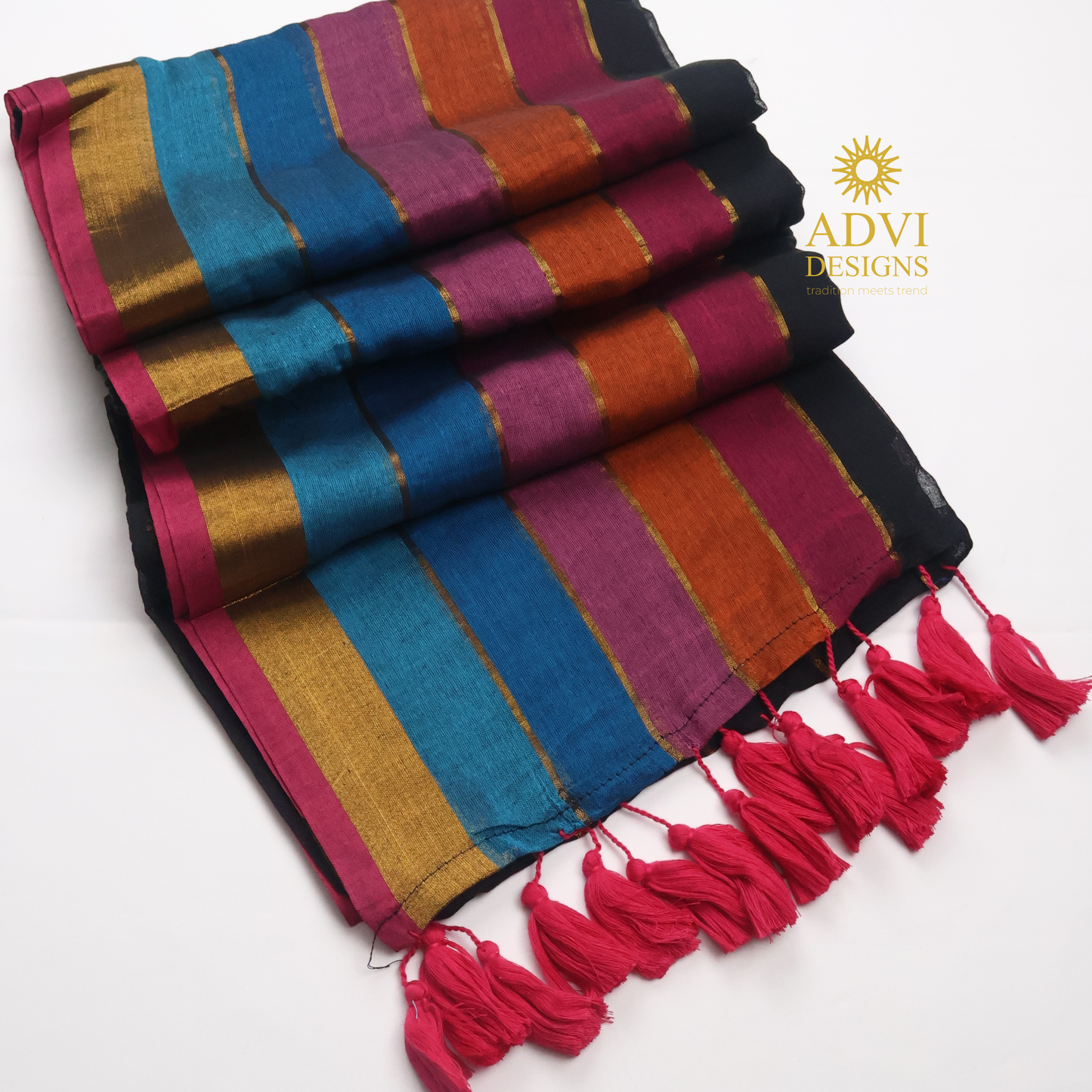 Premium Black Rainbow Mul Cotton Saree with Multicolor Striped Pallu and Gold Zari Border