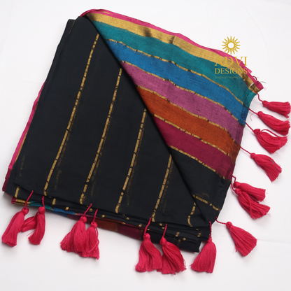 Premium Black Rainbow Mul Cotton Saree with Multicolor Striped Pallu and Gold Zari Border