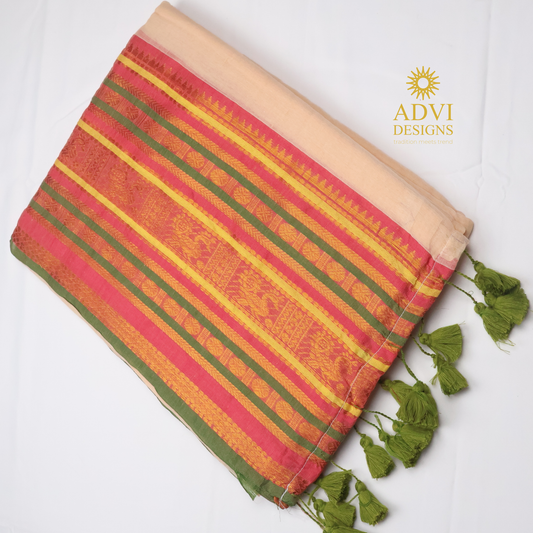 Premium Dark Beige Mul Cotton Saree with Pink Temple Border & Olive Green Zari Pallu