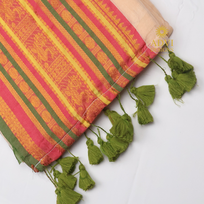 Premium Dark Beige Mul Cotton Saree with Pink Temple Border & Olive Green Zari Pallu