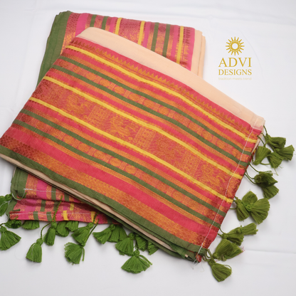 Premium Dark Beige Mul Cotton Saree with Pink Temple Border & Olive Green Zari Pallu