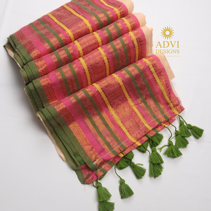 Premium Dark Beige Mul Cotton Saree with Pink Temple Border & Olive Green Zari Pallu