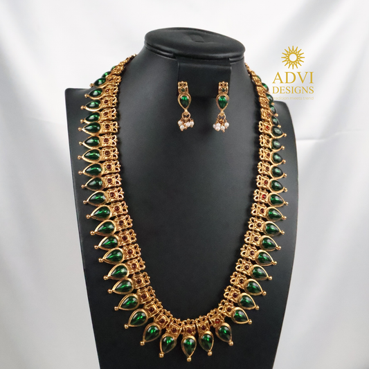 Emerald Green Antique Finish Long Haram Set with Pearl Drop Earrings