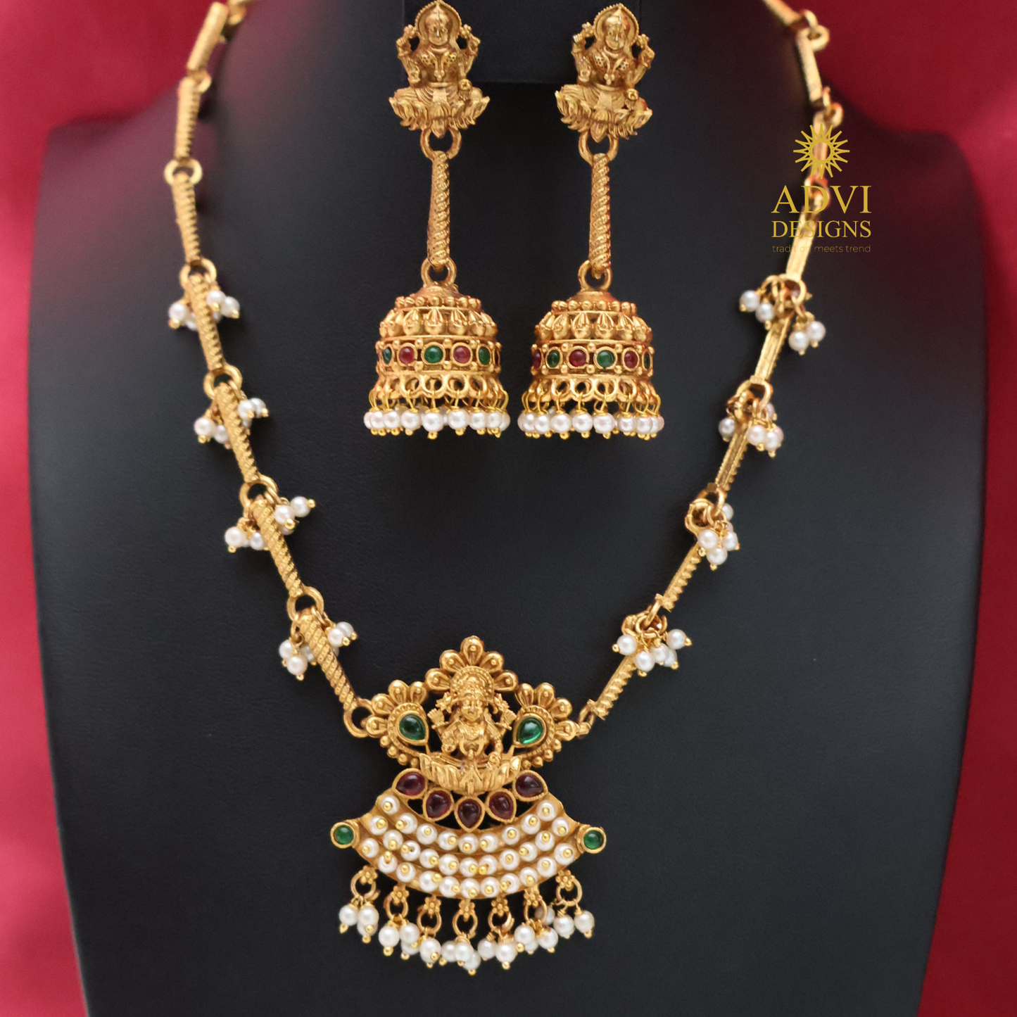 Antique Lakshmi Pearl Pendant Haram Set with Long Jhumkas