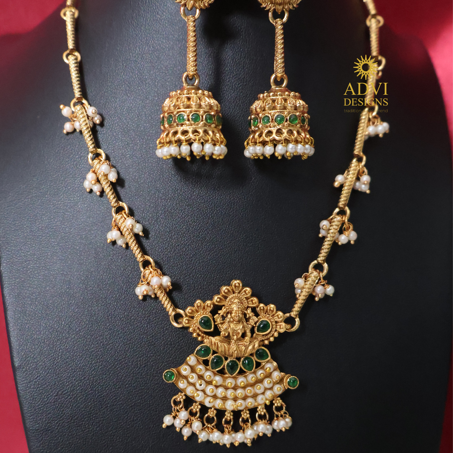 Antique Lakshmi Pearl Haram Set with Emerald Green Jhumkas