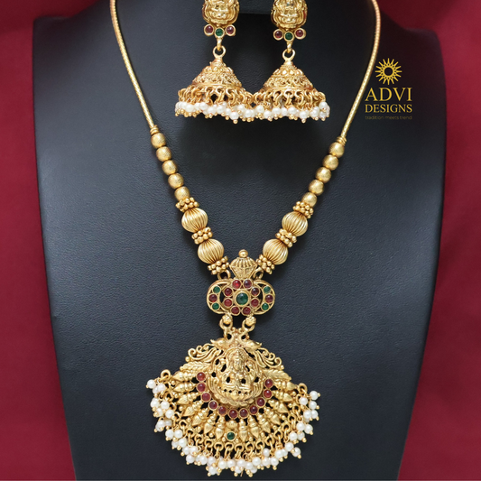Antique Lakshmi Temple Pendant Haram Set with Pearl Jhumkas