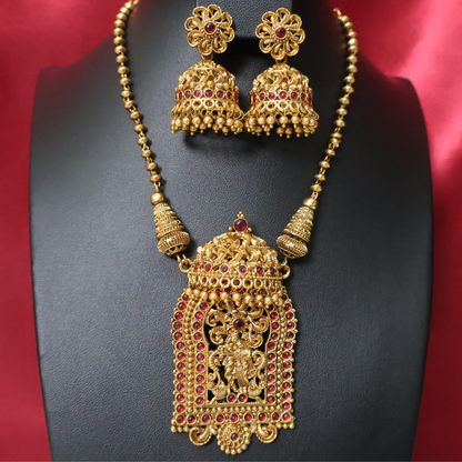 Antique Gold Krishna Temple Haram Necklace Set with Ruby Stones & Jhumka Earrings