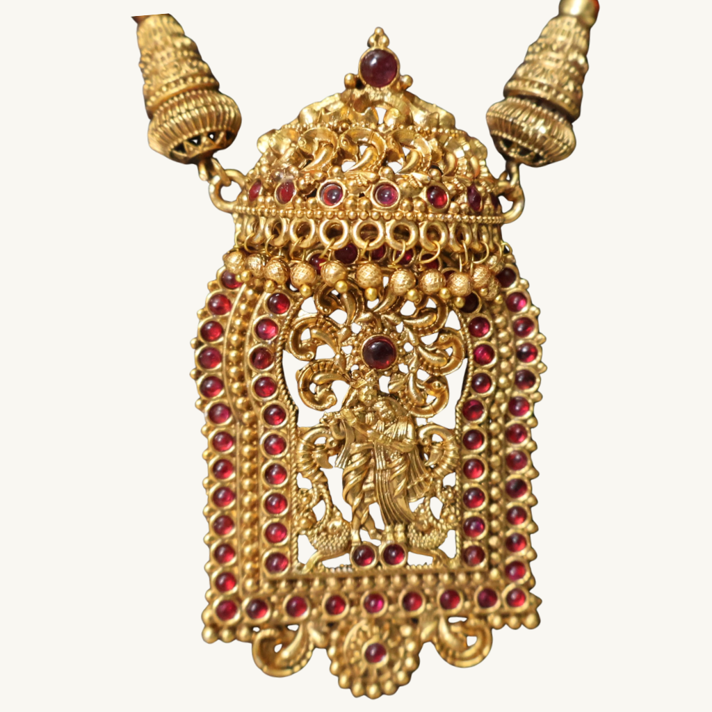 Antique Gold Krishna Temple Haram Necklace Set with Ruby Stones & Jhumka Earrings