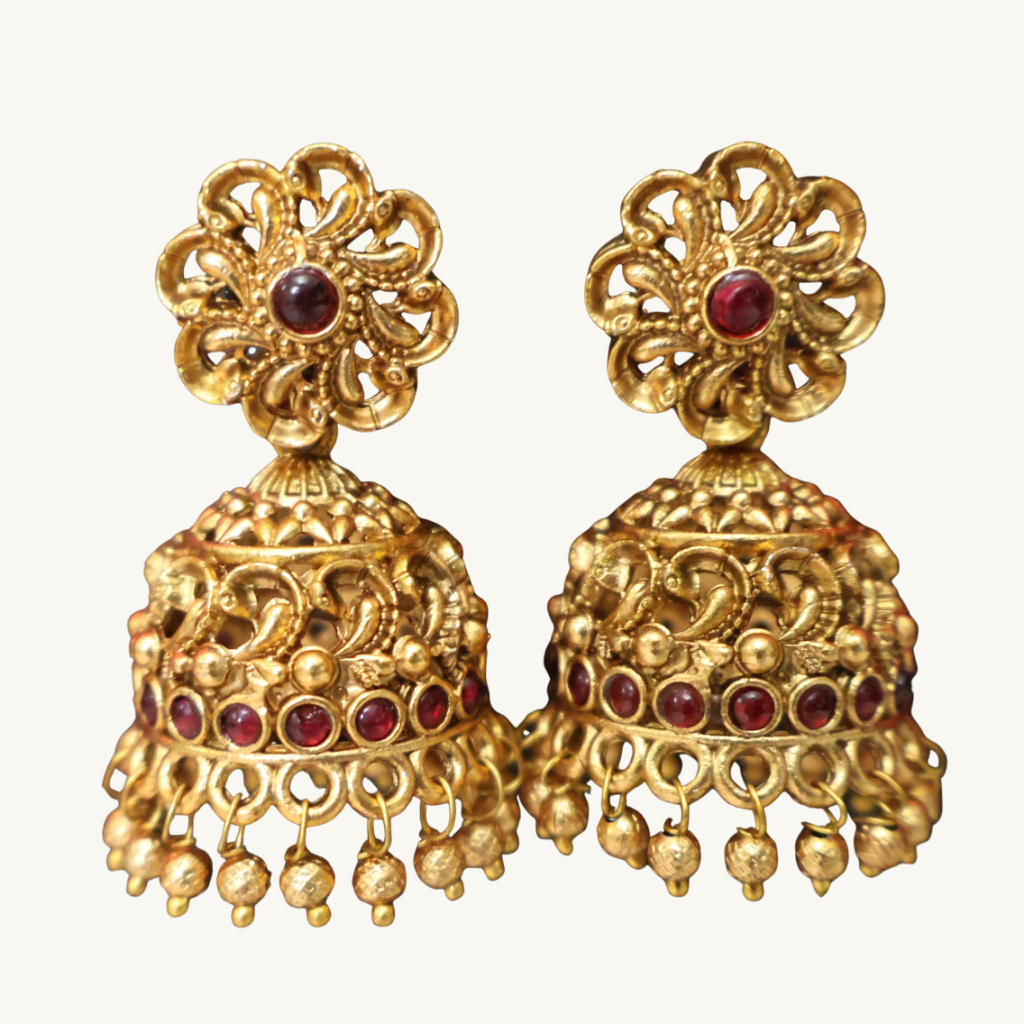 Antique Gold Krishna Temple Haram Necklace Set with Ruby Stones & Jhumka Earrings