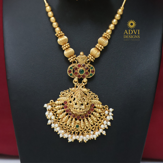 Antique Gold Lakshmi Pendant Haram Set with Pearl Jhumkas