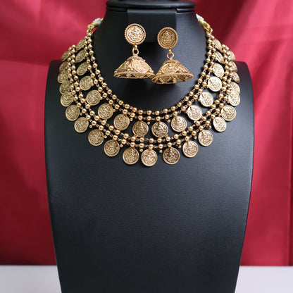 Temple Coin Layered Necklace Set with Lakshmi Jhumkas