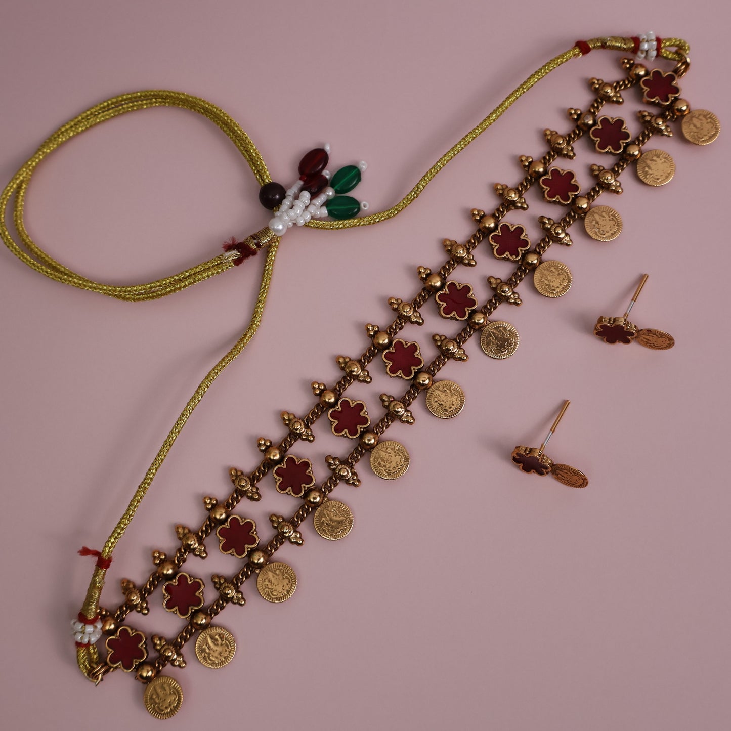 Ruby Red Floral Coin Choker Set