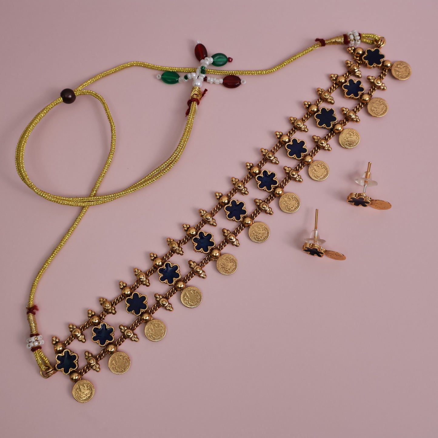 Navy Blue Floral Coin Choker Set