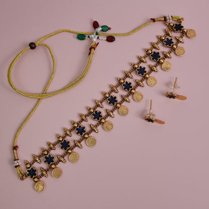 Navy Blue Floral Coin Choker Set