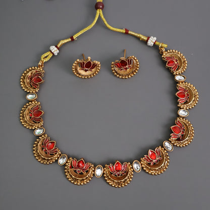 Ruby Lotus Temple Choker Set with Earrings