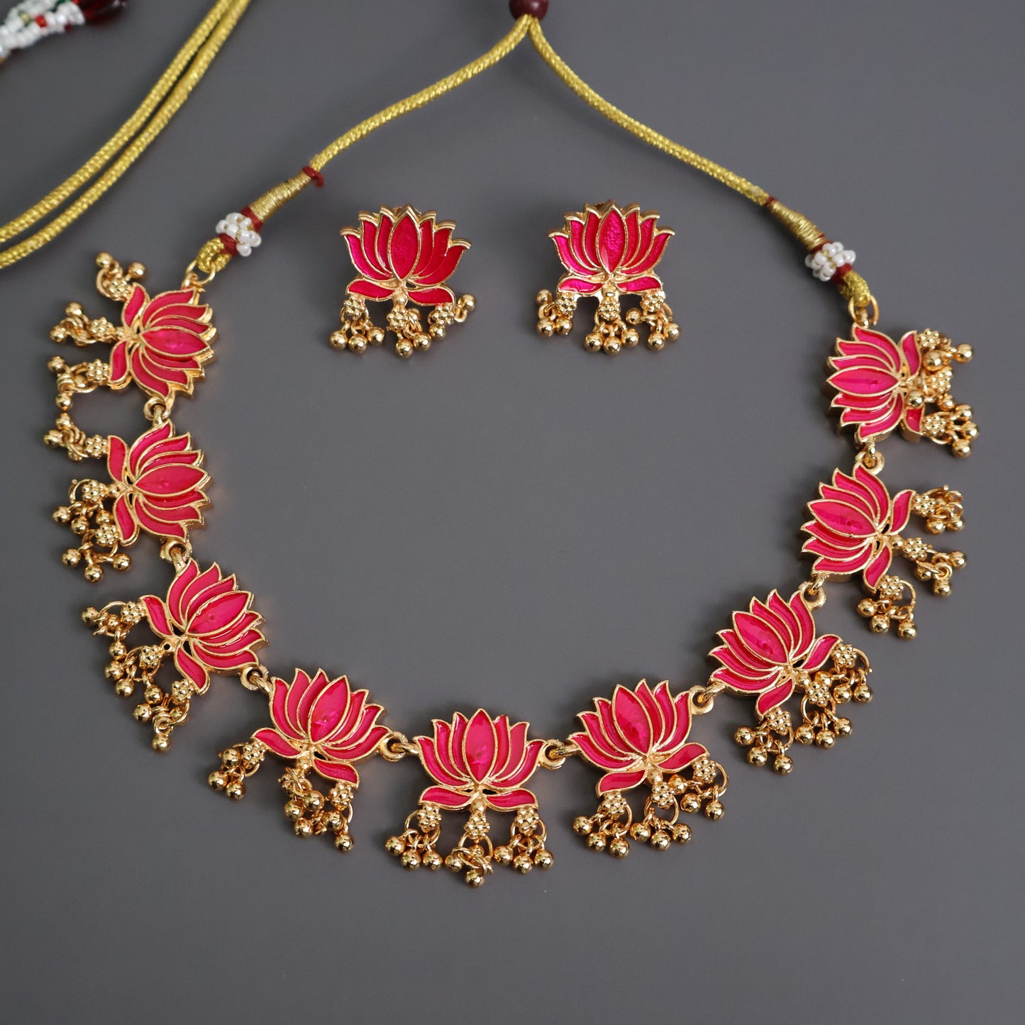 Pink Lotus Temple Choker Set with Earrings