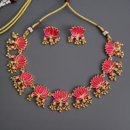 Pink Lotus Temple Choker Set with Earrings