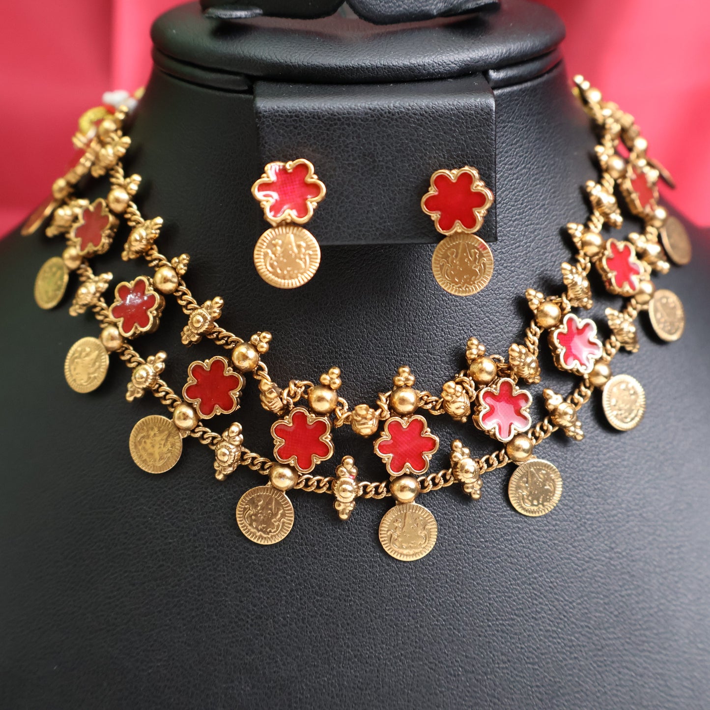 Ruby Red Floral Coin Choker Set