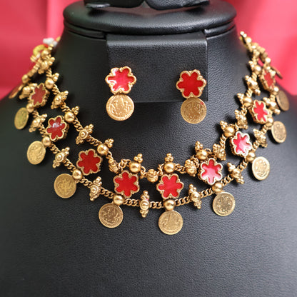 Ruby Red Floral Coin Choker Set