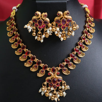 Ruby Red Paisley Antique Gold Necklace Set with Pearl Drops