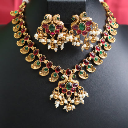 Multicolor Paisley Antique Gold Necklace Set with Pearl Drops
