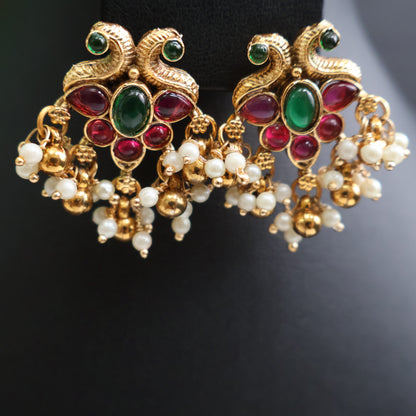 Multicolor Paisley Antique Gold Necklace Set with Pearl Drops