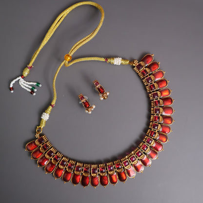 Ruby Red Antique Gold Statement Necklace Set with Pearl Drop Earrings