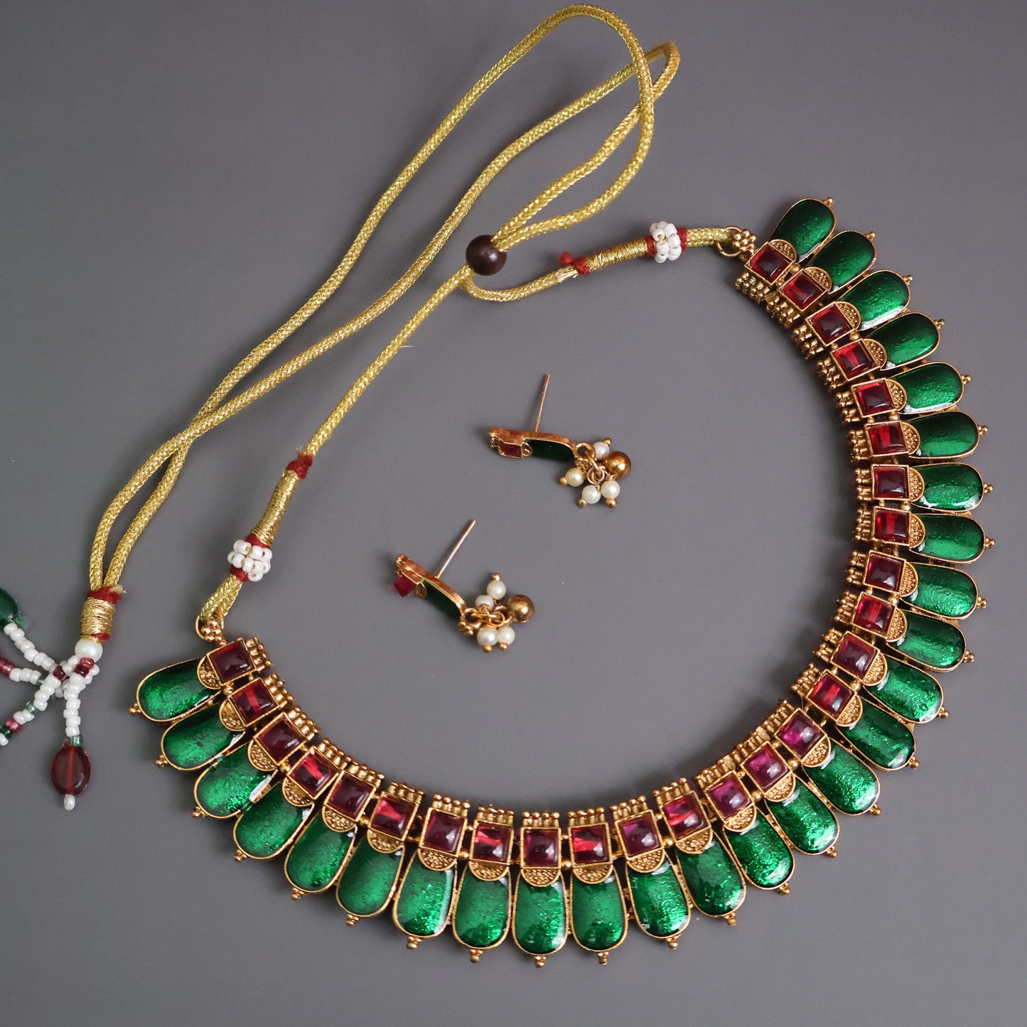 Emerald Green Antique Gold Statement Necklace Set with Pearl Drop Earrings