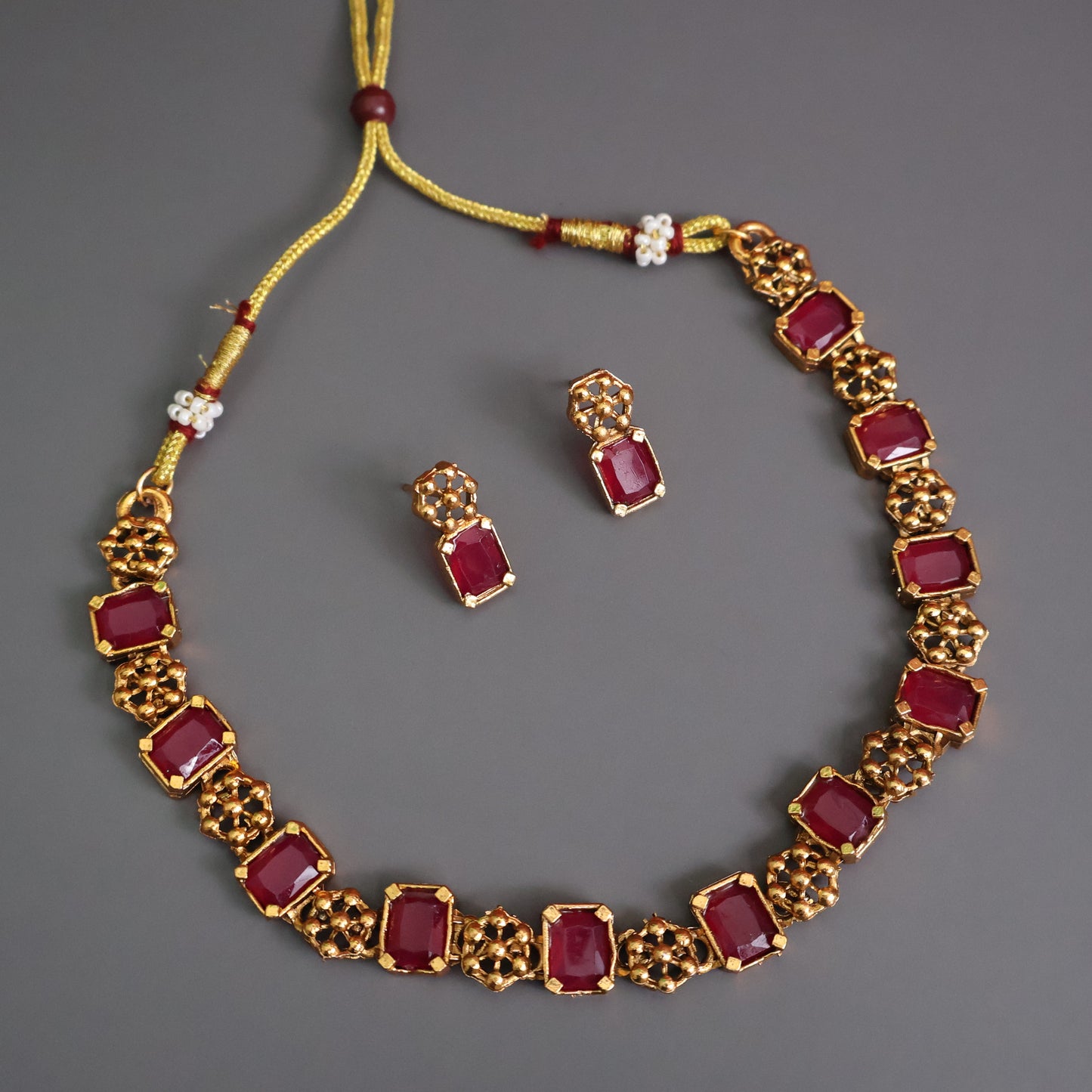 Ruby Red Antique Gold Choker Necklace Set