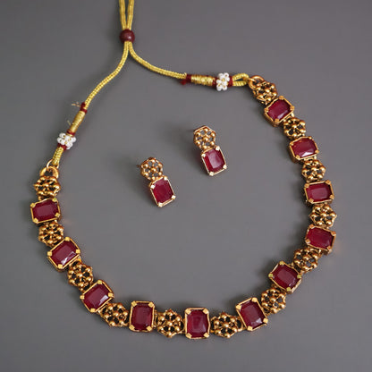 Ruby Red Antique Gold Choker Necklace Set